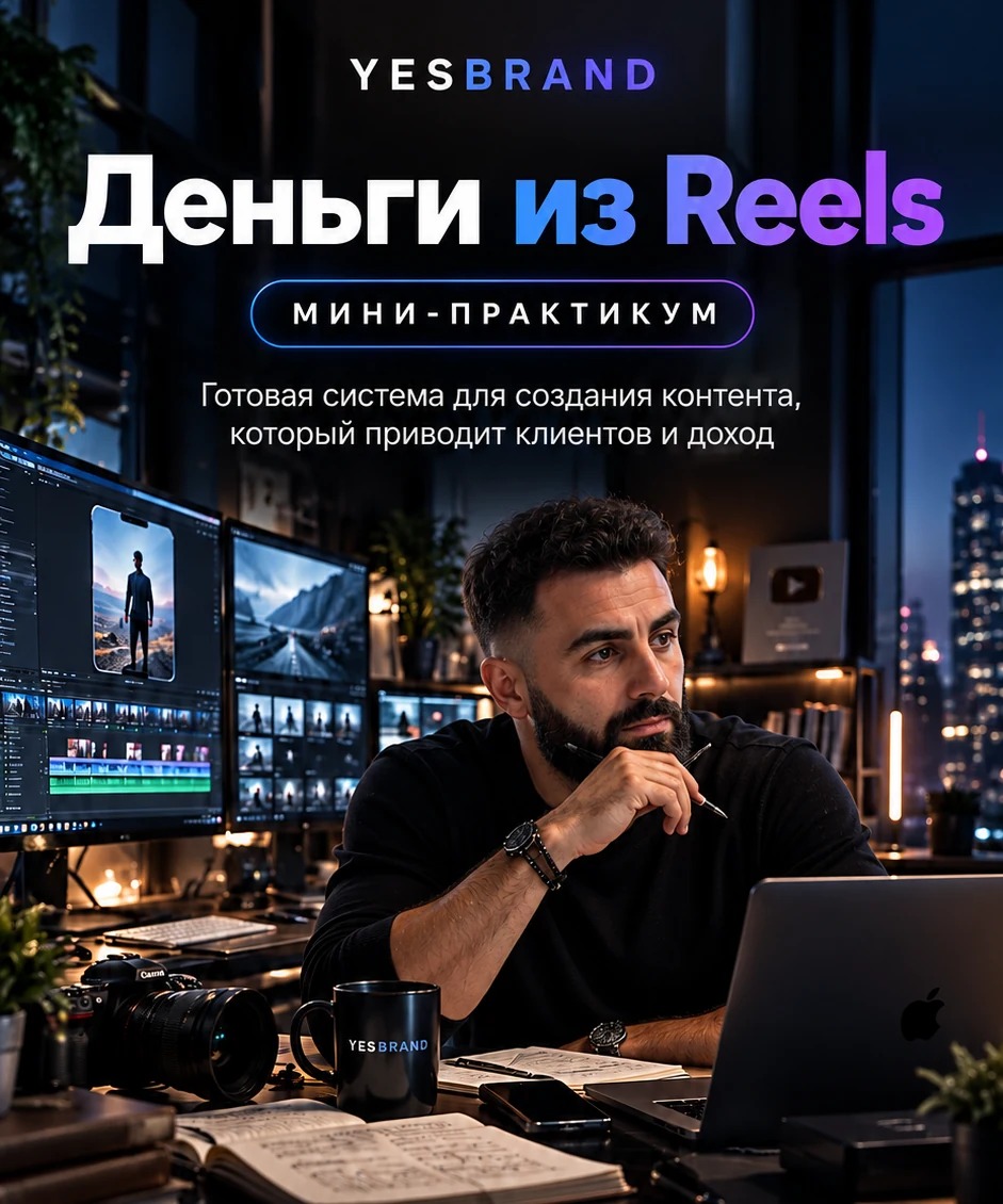 Обложка мини-практикума YESBRAND «Деньги из Reels» с автором в студии